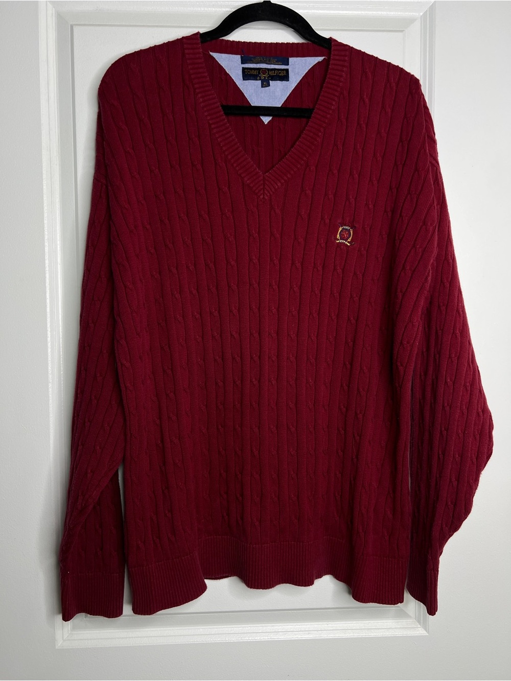 Tommy Hilfiger Golf Maroon Cable Knit V-Neck Sweater Preppy Cotton Classic
